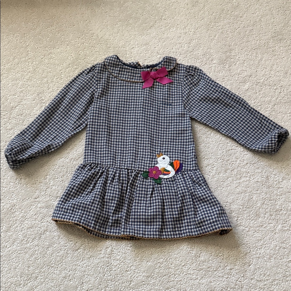 Girls' Gingham Long Sleeve Top with Bow and Bird detail, Size 24 months